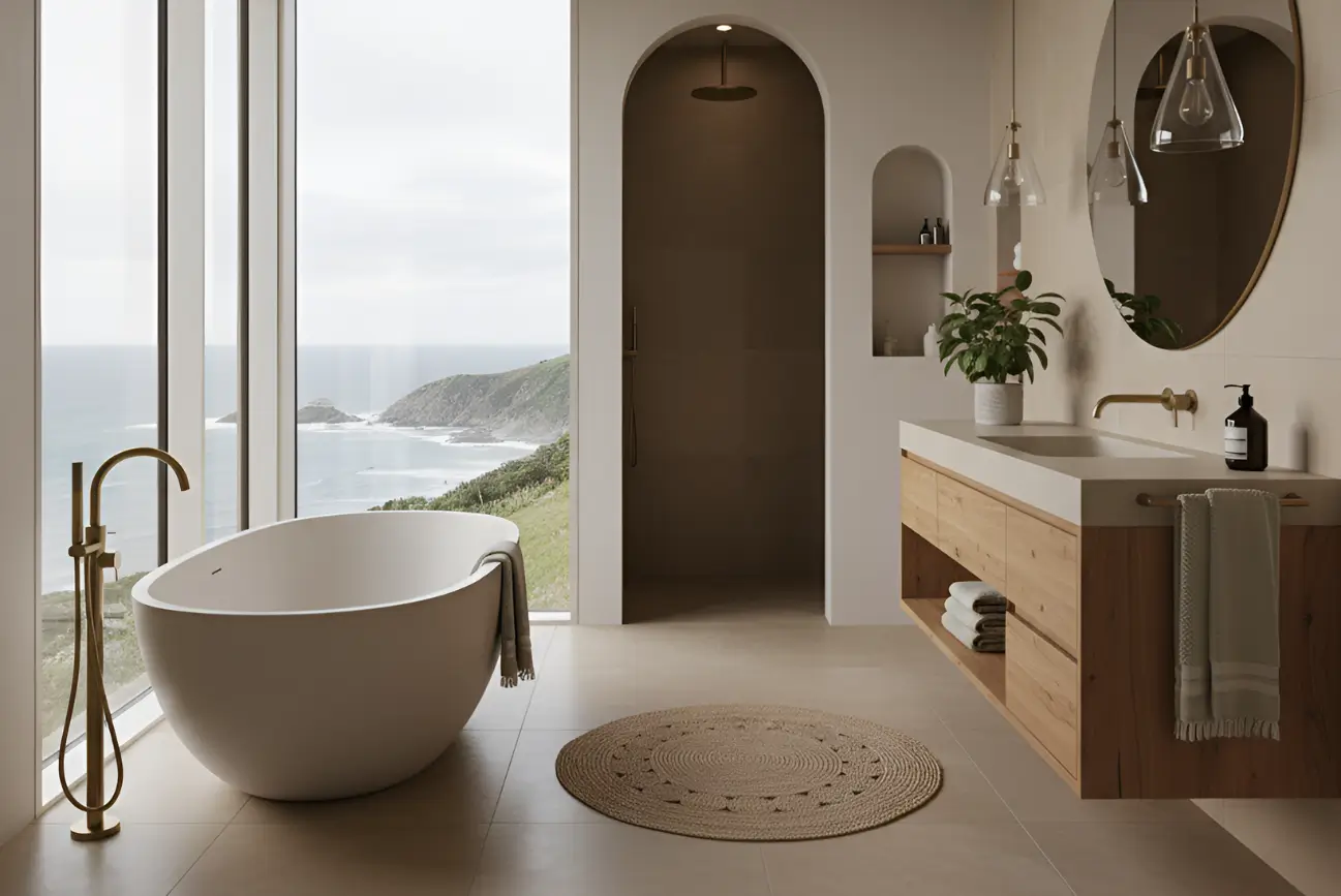 Sleek contemporary bathroom renovation by Bathroom Design Kapiti featuring minimalist fixtures and soft ambient lighting.