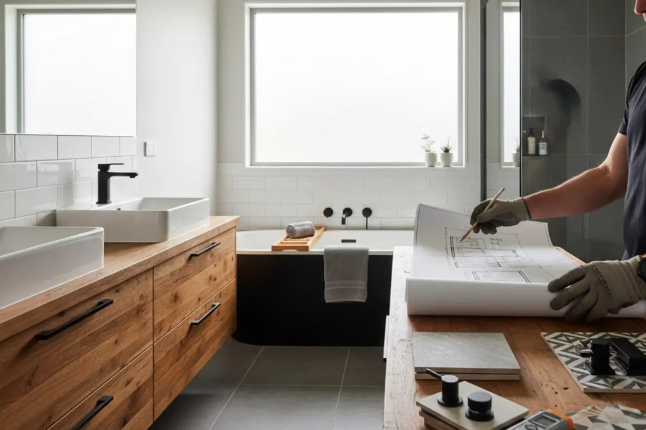 Trusted experts planning a modern bathroom layout as part of professional Bathroom Renovations Kapiti.