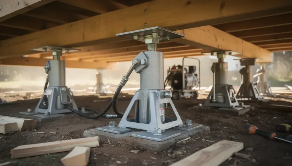 The image shows hydraulic jacks strategically placed under a timber floor, indicating ongoing house lifting work to address foundation issues. This process is critical for ensuring structural integrity, particularly in areas with unstable soil, and may involve costs that can reach tens of thousands of dollars.