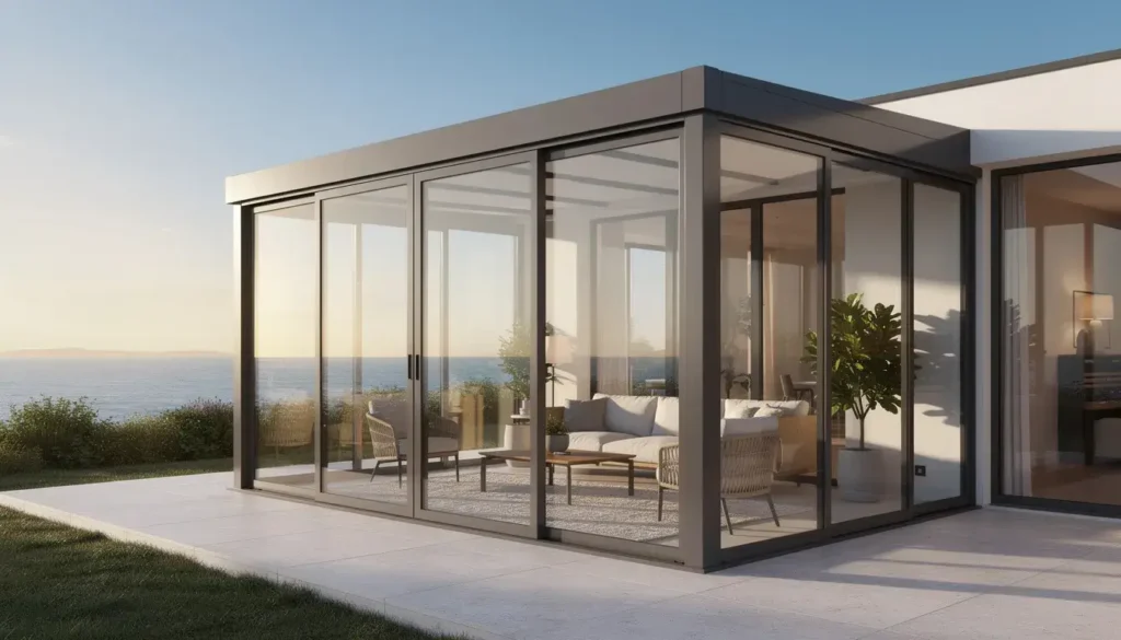 A modern aluminium-framed sunroom is attached to a coastal home, featuring large glass windows that invite natural light and a sea breeze. Inside, comfortable outdoor furniture creates an inviting space for year-round enjoyment, showcasing the potential for enhancing living space along the Kapiti Coast.